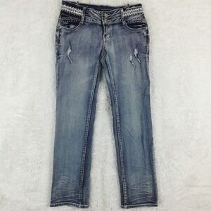 Virgin Only Jeans Womens Straight Leg Blue Denim Jeweled Studded Stone Wash 30